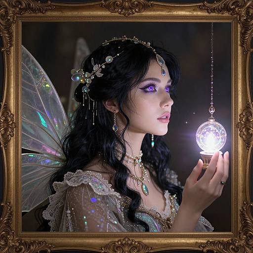 Digital artwork of a fair-skinned, dark-haired fairy with iridescent wings, wearing jeweled headpiece and necklace, holding a glowing orb,