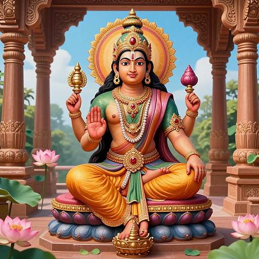 Digital art of a colorful, adorned Hindu goddess seated on a lotus pedestal, raising one hand, holding a trident, under a temple arch with