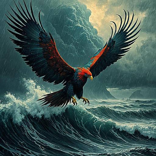 Phoenix soaring over stormy ocean