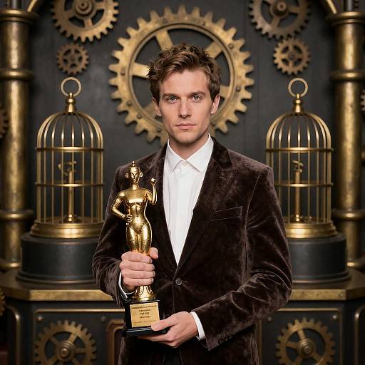 Steampunk Man with Golden Award and Gears