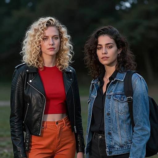 Two women with curly hair standing outdoors at dusk
