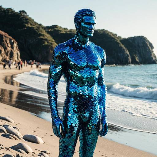 Blue Glass Mosaic Man on Beach