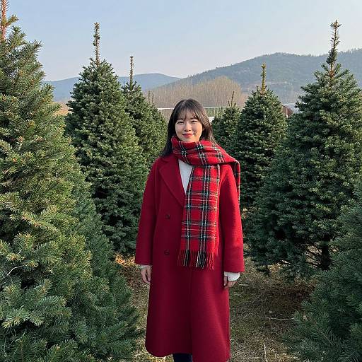 Photograph of a smiling woman with straight brown hair, wearing a red coat and plaid scarf, standing among evergreen trees, with mountainous landscape