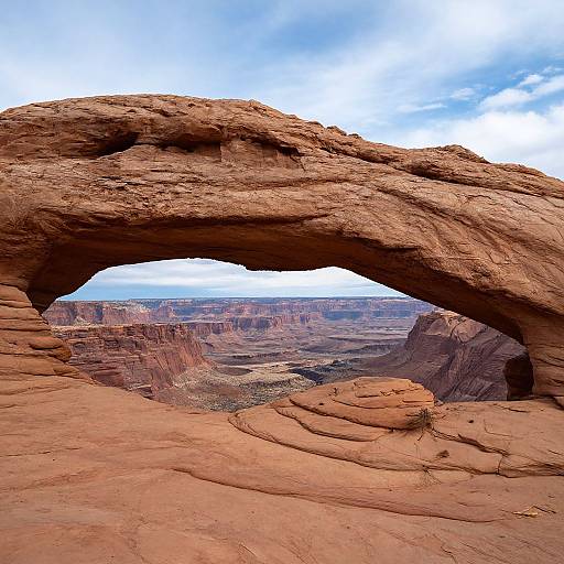 Photograph of a rugged, red rock arch framing a vast, colorful canyon landscape under a partly cloudy sky in a desert setting.