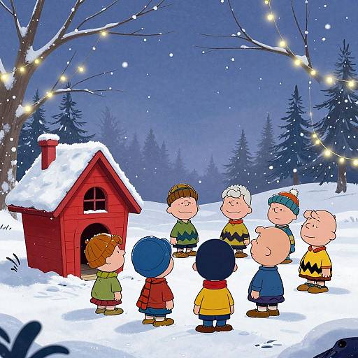 Cartoon illustration of seven children in colorful winter clothes standing around a red snow-covered wooden house in a snowy forest at night, with string lights overhead.