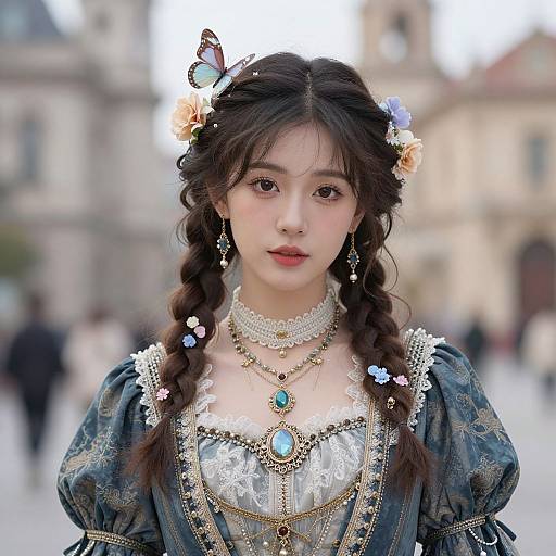 Photograph of an Asian woman with long braided hair, wearing an ornate, Victorian-style dress, adorned with flowers, butterflies, and jewelry,