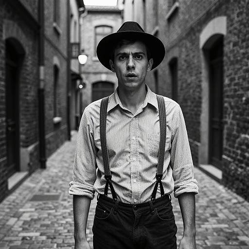 Black-and-white photograph of a serious young man in a striped shirt, suspenders, and hat, standing in a narrow, cobblestone alleyway