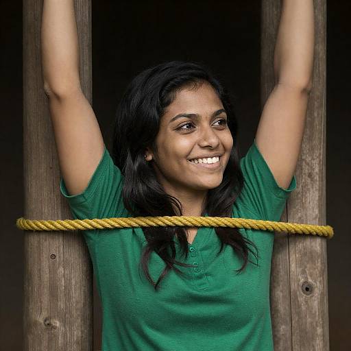 Smiling Woman Bound to Wooden Posts