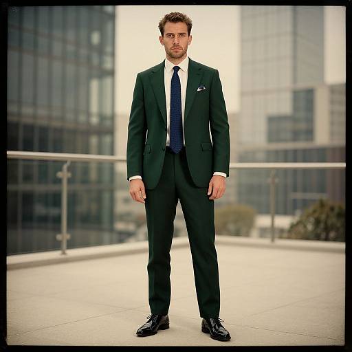 Photograph of a handsome, bearded man in a black suit, white shirt, and blue tie, standing on a modern urban balcony.