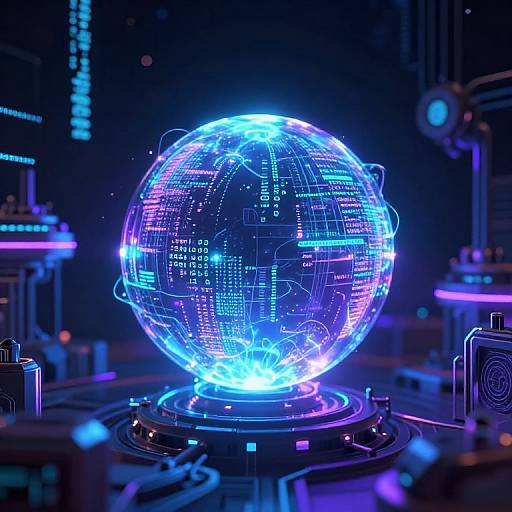 Neon-lit, glowing, digital sphere with intricate circuit patterns in blue and purple, floating on a futuristic, dark, cybernetic platform.