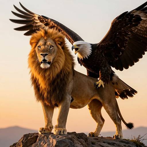 Photograph of a majestic lion with a golden mane and a bald eagle perched on its back, wings spread wide, against a sunset sky on a