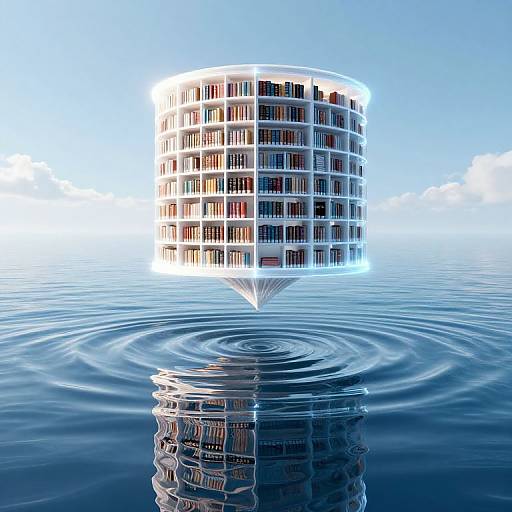 Photograph of a modern, white, cylindrical building floating on calm, blue water, creating ripples and reflections, against a clear sky.