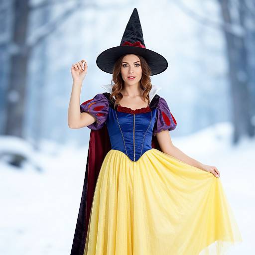 Photograph of a fair-skinned woman in a blue corset, yellow skirt, and witch hat, with a red cape, standing in a snowy