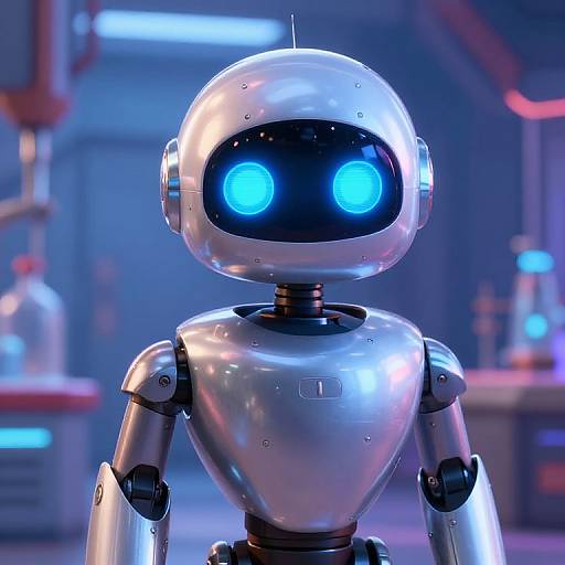 CGI image of a shiny, silver robotic humanoid with glowing blue eyes, standing in a futuristic lab with blue and purple lighting.