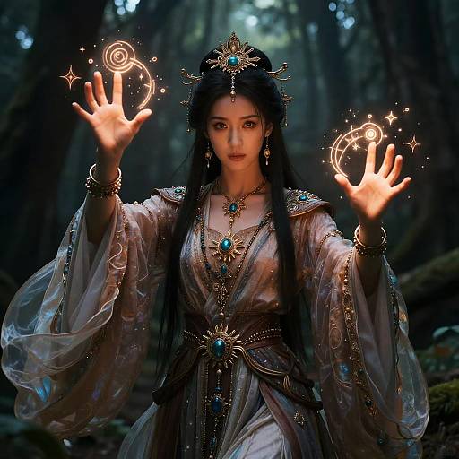 Digital fantasy artwork of a mystical woman with long black hair, wearing a detailed, translucent dress with jewels, conjuring glowing magic circles with her hands in