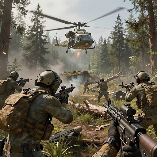 Military Helicopter Insertion on Forest Battlefield