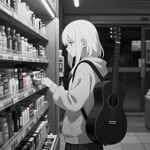 Black-and-white anime-style drawing of a girl with shoulder-length white hair, wearing a hoodie and carrying a guitar, browsing store shelves.