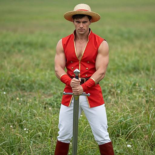 Man in Red Costume with Sword in Grassy Field