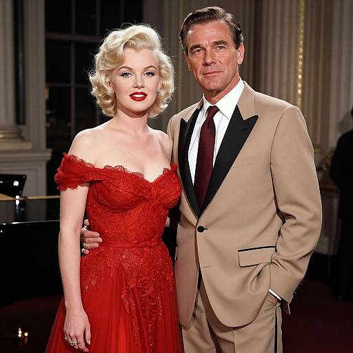 Photograph of Marilyn Monroe in a red off-shoulder dress and a man in a tan tuxedo, standing arm-in-arm in a formal