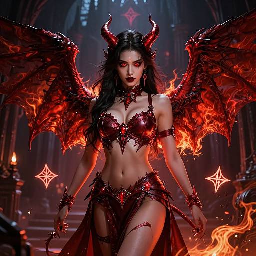 Digital artwork of a seductive, dark-haired demoness with red wings, horns, and fiery armor, standing in a gothic cathedral.