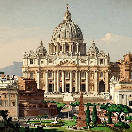 Digital illustration of St. Peter's Basilica in Rome, featuring detailed architecture, domes, statues, and surrounding gardens with trees and pathways.
