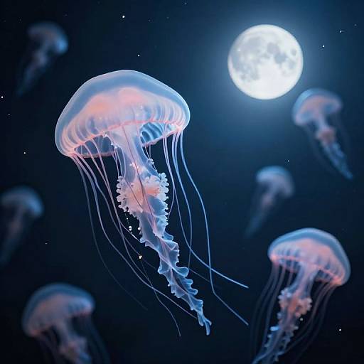 Photograph of glowing jellyfish with translucent pink and blue bell shapes, floating in a dark, starry ocean under a bright, full moon.