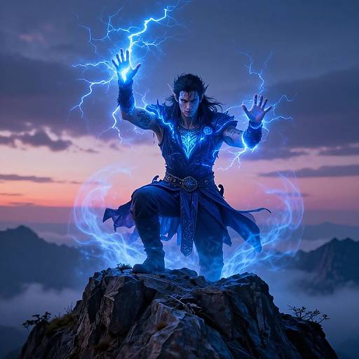 Digital artwork of a muscular, dark-haired man in blue, glowing armor, summoning electric blue energy on a rocky mountain peak at sunset.