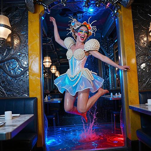 Photograph of a vibrant, costumed dancer in a sparkling blue dress and white feathered sleeves, mid-jump, in a dark, neon-l