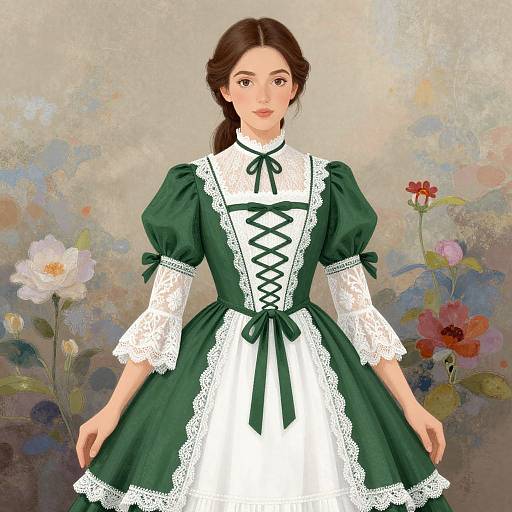Digital artwork of a young woman with fair skin and brown hair in a green and white Victorian maid dress, lace-trimmed, standing against a colorful