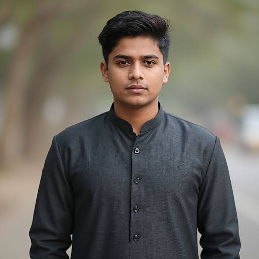 Photograph of a young South Asian man with short black hair, wearing a black long-sleeve kurta, standing outdoors with a blurred green and