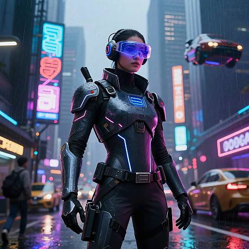 Digital art of a futuristic female soldier in black armor with blue visor, standing in a neon-lit, rainy New York City street.