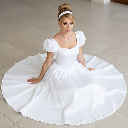 Photograph of a blonde woman with a bun, wearing a white off-shoulder puffed-sleeve ball gown and headband, sitting on