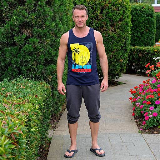 Photograph of a muscular, fair-skinned man with short brown hair, wearing a black tank top with a yellow palm tree design, black capri
