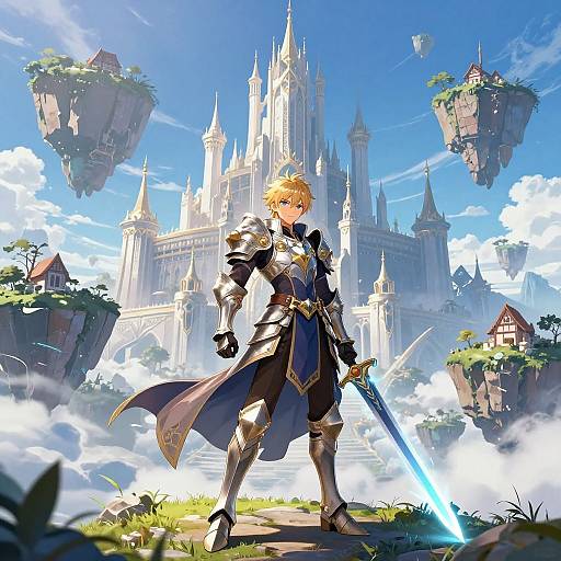 Fantasy anime-style drawing: blonde knight in blue and gold armor, holding glowing sword, stands before floating castle, surrounded by floating islands.