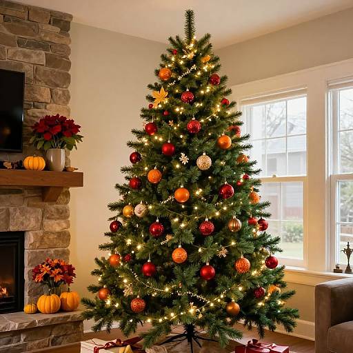 Photograph of a decorated Christmas tree with red and orange ornaments, white lights, in a living room with stone fireplace and large window.