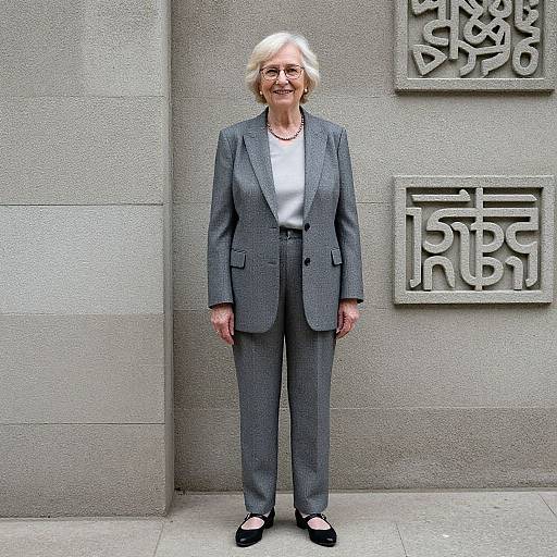 Photograph of an elderly woman with short blonde hair, wearing glasses, gray checkered suit, white blouse, black flats, standing against a textured gray