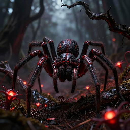 Photorealistic digital artwork of a glowing red-black spider in a foggy forest, surrounded by bioluminescent mushrooms and dark, twisted trees.