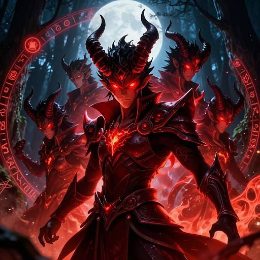 Digital fantasy artwork of a demonic, three-headed warrior with glowing red eyes, black horned armor, and fiery red accents under a full moon.