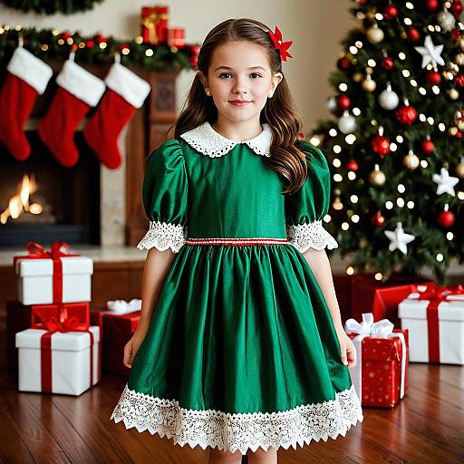 Girl in Green Christmas Dress by Holiday Tree