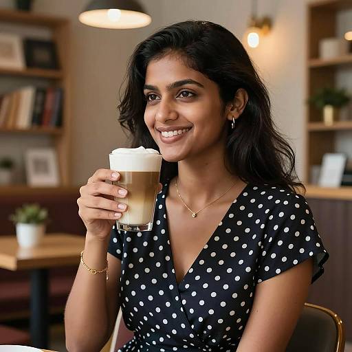 South Asian woman enjoying latte in cozy coffee shop