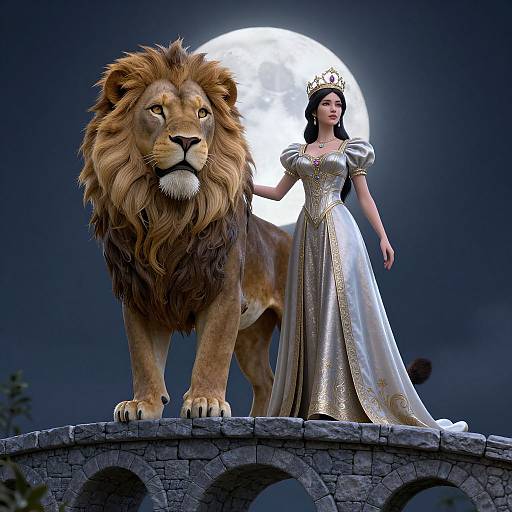Digital artwork of a regal woman in a silver gown and crown standing on a stone arch with a majestic lion beside her, under a bright full moon