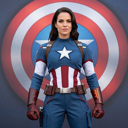 Photograph of a woman with dark hair, wearing a blue Captain America suit with white star and red-white stripes, standing against a circular red-white-blue