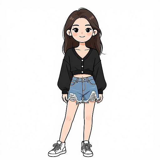 Digital anime-style drawing of a young woman with long brown hair, black cardigan, blue high-waisted denim shorts, and white sneakers.