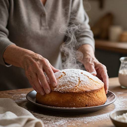 Photograph of a mature man in a gray sweater, hands dusting a steaming, powdered sugar-covered cake on a wooden table.