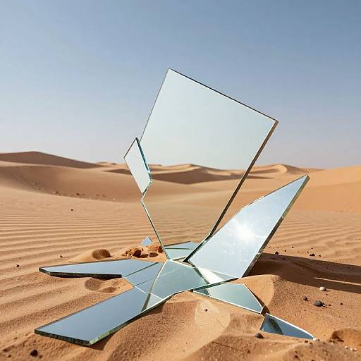 Photograph of shattered, reflective glass panels lying on sunlit, rippled sand dunes under a clear blue sky.