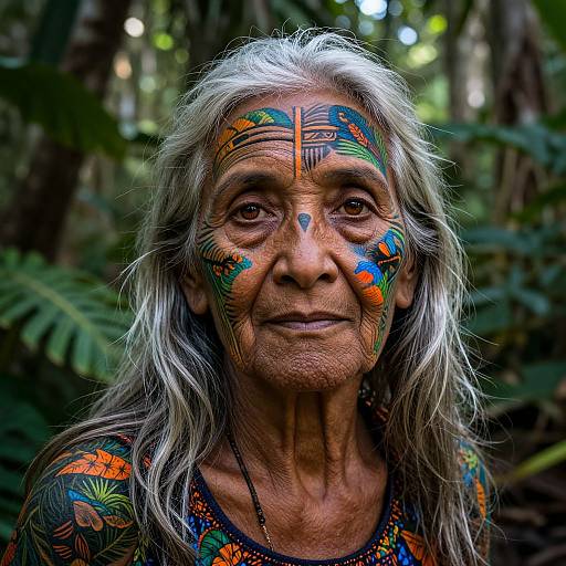 Photograph of an elderly Indigenous woman with long gray hair, vibrant face paint featuring geometric patterns, and a forest background.