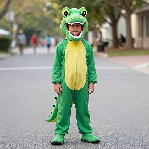Photograph of a young boy in a bright green and yellow crocodile costume with a wide open mouth, standing on a suburban street with blurred trees and