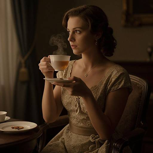 Photograph of a vintage-styled woman with dark wavy hair, wearing a beige lace dress, sipping tea in a dimly lit room.