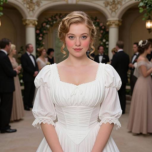 Photorealistic digital image of a blonde bride with curly hair, wearing a white, puffed-sleeve wedding dress, standing in an ornate