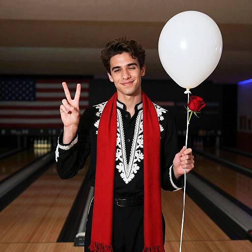 Stylish Male with Peace Sign in Bowling Alley